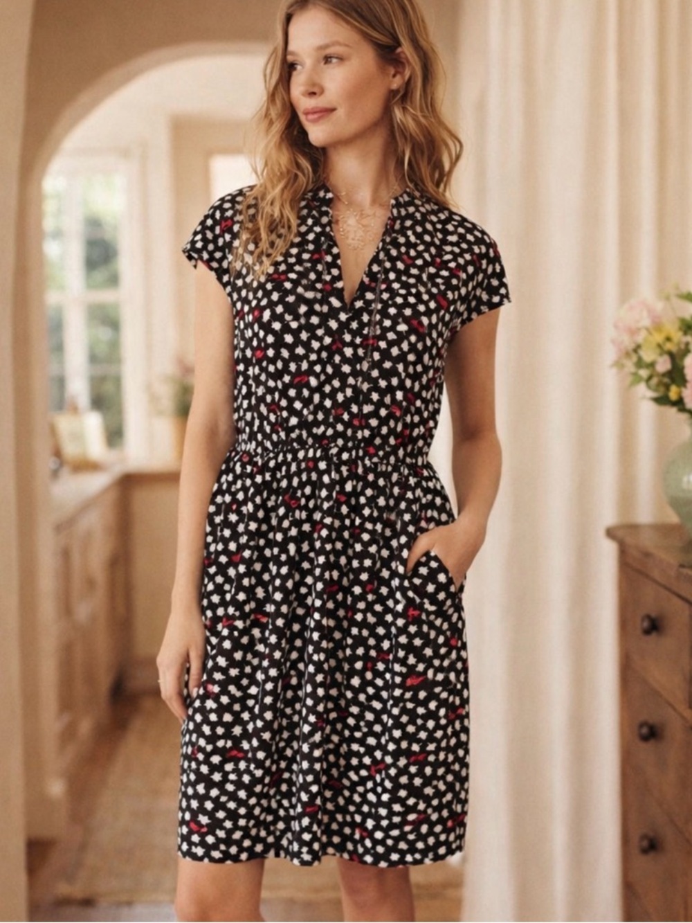 Anthropologie Maeve Odilia Black and White Ginkgo & Sunglasses Print Dress (XS)